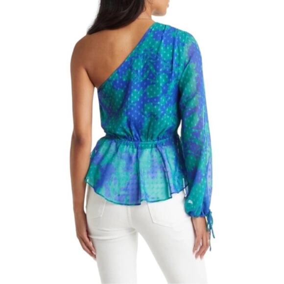 VICI Blue Green One Shoulder Floral Peplum Blouse Top XS NWT - Picture 2 of 9